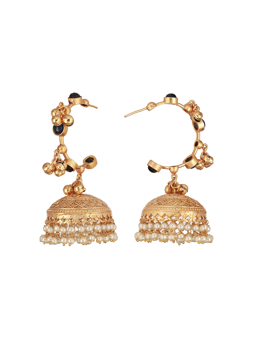 Gold Toned Blue Stone Studded Statement Ghungroo Hoop Jhumka Earrings